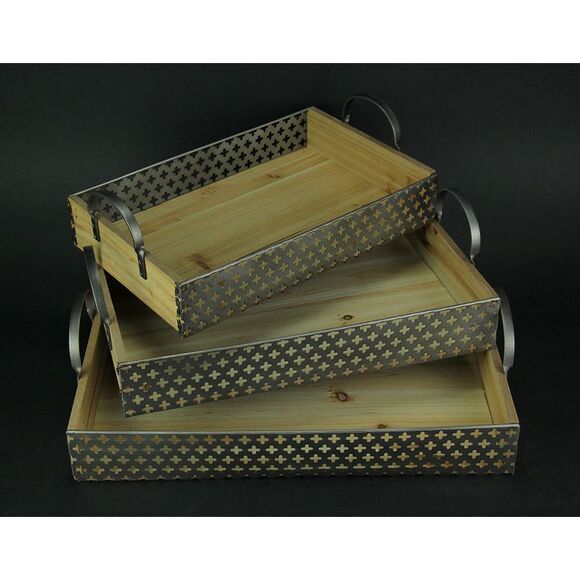 Set of 3 Rustic Metal And Wood Decorative Trays - Picture 2 of 3